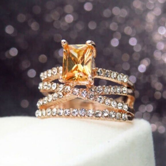 Emerald Cut Citrine and Diamond Triple Band Ring - Picture 4 of 8